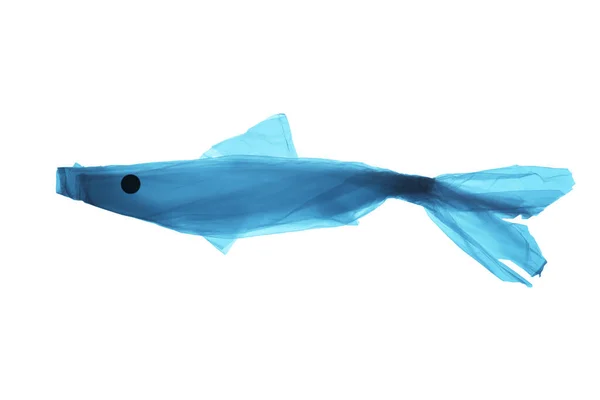 对地球环境的污染塑料 世界海洋中形状像鱼的蓝色塑料袋 — 图库照片