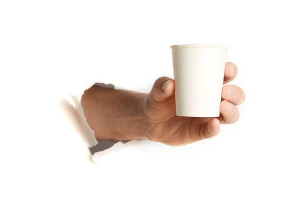 Papper Kopp Varmt Kaffe Eller Handen Isolerad Vit Bakgrund — Stockfoto