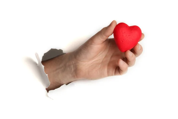 Coração Vermelho Mão Sobre Fundo Branco Símbolo Amor Romance — Fotografia de Stock