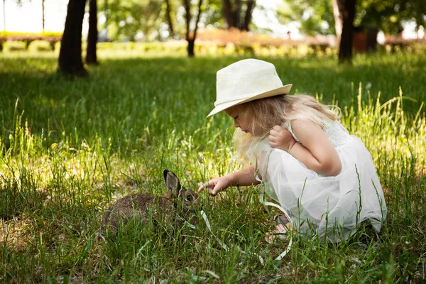 Little cute baby girl walking a pet rabbit, care and living with animal. Happy childhood, love of nature.