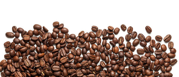 Roasted arabica coffee beans isolated on white background. Group of brown grains.