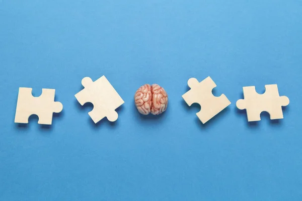 Human brain with a puzzle on blue background. Business idea, memory loss, training and new skills.