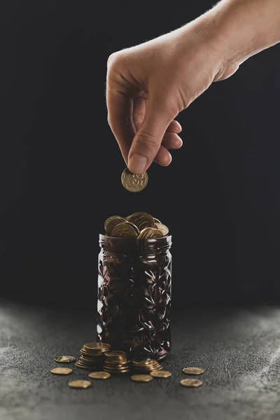 Gold Coin Hand Piggy Bank Black Background Growth Savings Economic — ストック写真