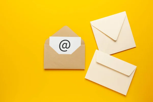 Envelope Mail Symbol Yellow Background Concept Corporate Communication Marketing Mailings — Foto Stock