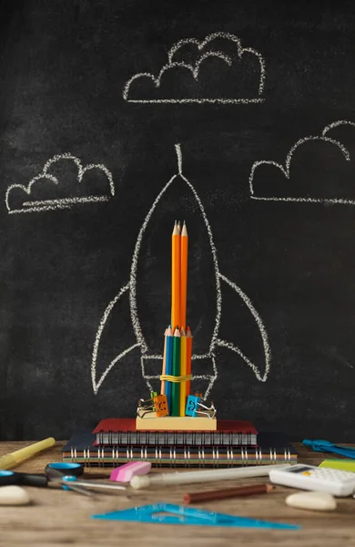 Rocket Stationery Desk Background Chalkboard Children Imagination Creativity Back School — Stockfoto