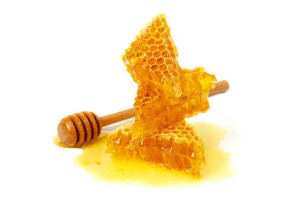 Bee Combs Honey Isolated White Background Flowing Sweet Dessert Portion — Photo