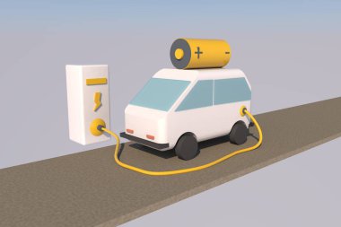 3D elektrikli araba ve şarj istasyonu, ekolojik ulaşım.
