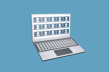 Laptop with business video calling. Teleconference, meeting and brainstorming online. Remote training. 3d render.