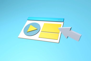 Multimedia player window on blue background. Social media, internet advertising. 3d render.