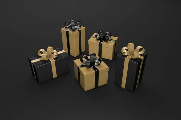 Gold Black Gifts Dark Background New Year Black Friday Sale — Fotografia de Stock