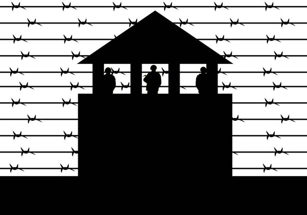 Черный силуэт тюремной башни с охранниками за проволокой на белом фоне