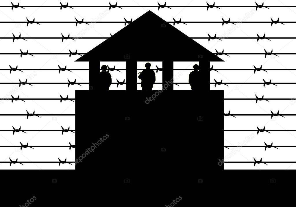 Black silhouette of a prison tower with guards behind spiked wire on white background