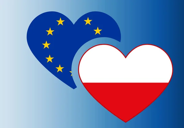 Polonya Bayrağı Taşıyan Kalp Avrupa Bayrağı Mavi Gradyan Üzerinde Döngü — Stok Vektör
