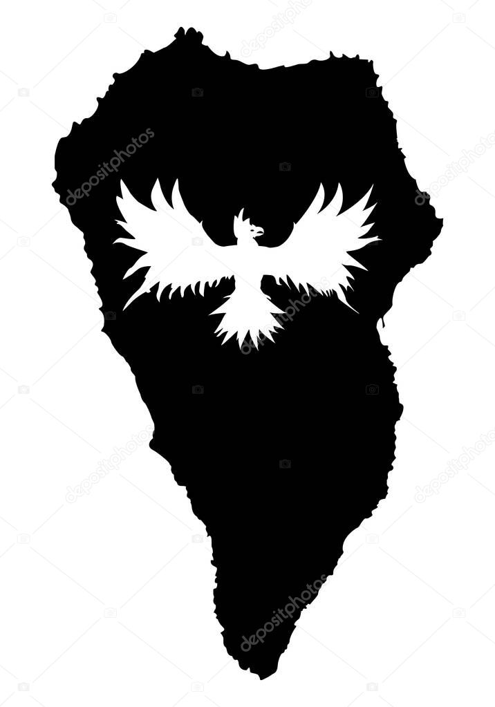 Black silhouette of La Palma with the white silhouette of the phoenix on white background. La Palma rises from its ashes.