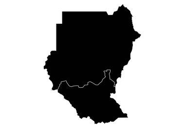 Beyaz arka planda Sudan haritasının siyah silüeti. Kuzey Sudan ve Güney Sudan