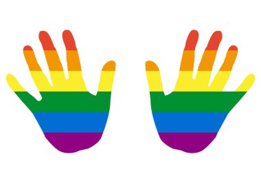 Beyaz zemin üzerinde lgbt bayrağı olan avuç içi eller.