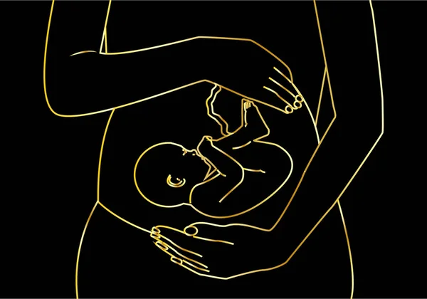 Mujer Embarazada Feto Con Golpe Dorado Sobre Fondo Negro Embarazo —  Fotos de Stock