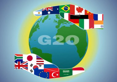 G20 Zirvesi. G20 zirvesinin üye ülkelerinin bayrakları Dünya 'yı koruyan siluetlerle