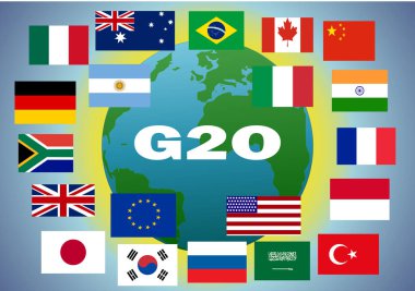 G20 Zirvesi. G20 zirvesinin üye ülkelerinin bayrakları Dünya 'yı koruyan siluetlerle