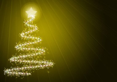 Sarı arka planda aydınlatılmış Noel ağacı.
