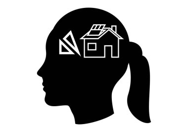 Mimar kadın sembolü. Mimarlık mesleğinin sembolü olan bir kadın ya da genç adamın siyah silueti. İç mimar