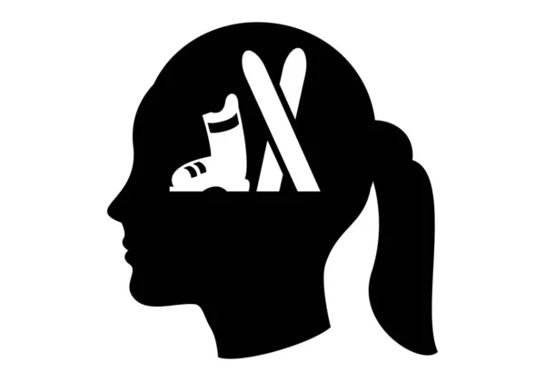 女子滑雪 更滑的女人 以滑雪为标志的妇女或青年男子的脸的黑色轮廓 — 图库矢量图片