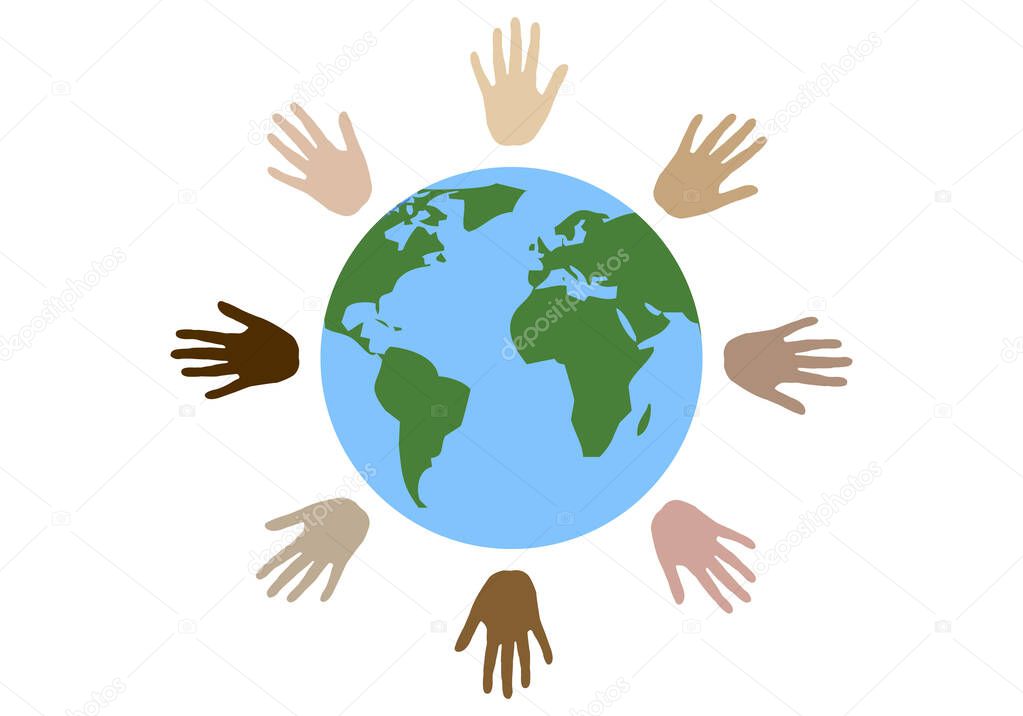 Hand icon of different ethnic groups around the planet.