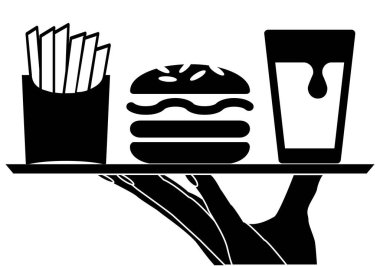 Siyah ikon ya da patates kızartması, hamburger ve garsonun elinin altında içki olan bir tepsi sembolü.