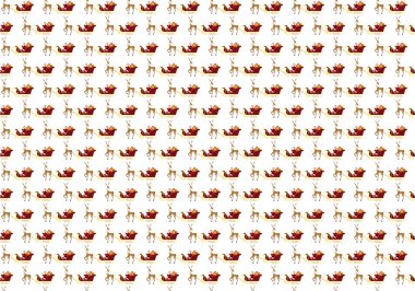 Noel Baba ya da Noel Baba 'nın beyaz arka planda ren geyiği ve kızak deseni. Noel deseni. Noel ambalaj kağıdı