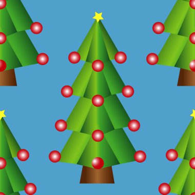 Kırmızı topları olan yeşil Noel ağacı deseni ve mavi arka planda sarı yıldız. Mavi arka planda Noel çamı deseni