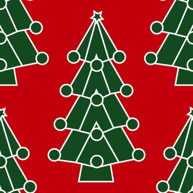 Topları olan Noel ağacı deseni ve kırmızı arka planda yeşil yıldızlı