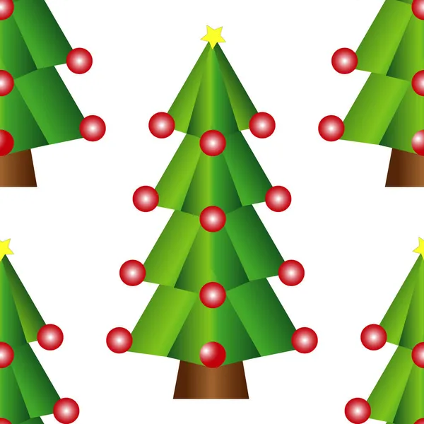 白い背景に赤いボールと黄色の星と緑のクリスマスツリーパターン 白い背景にクリスマスの松のパターン — ストックベクタ