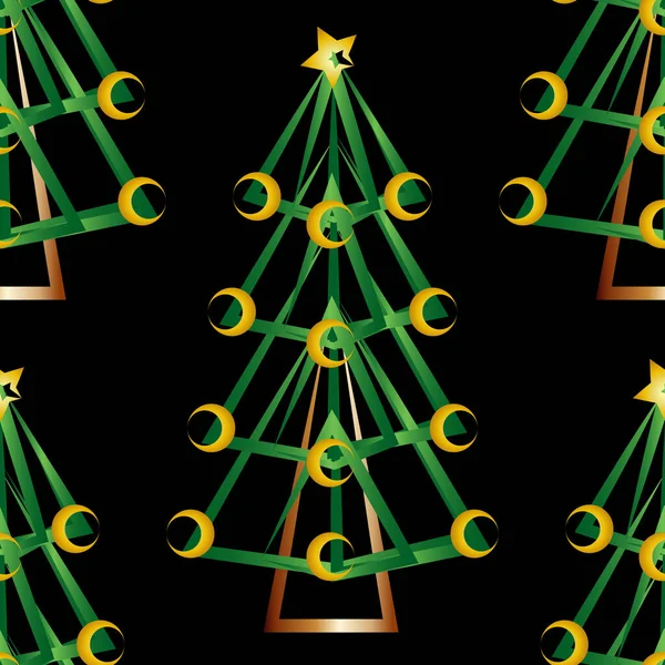 Christmas Tree Pattern Drawn Green Gold Black Background — Stock Vector