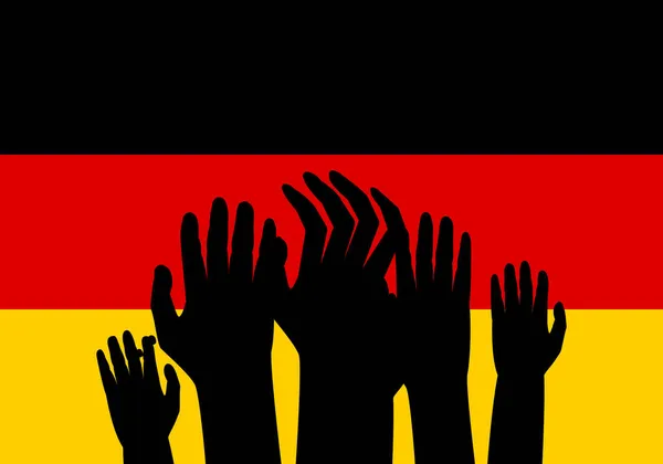 Refugiados Pidiendo Ayuda Alemania Silueta Negra Adulto Niño Entrega Bandera — Archivo Imágenes Vectoriales