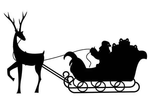 Black Silhouette Father Christmas Santa Claus Riding Sleigh Pulled Reindeer — Stock Vector