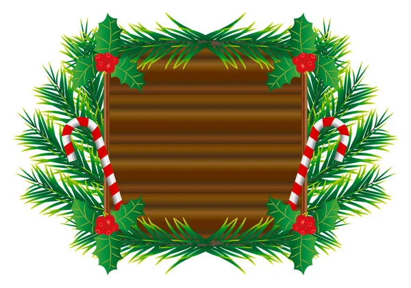 Різдвяні Привітання Дерев Яною Дошкою Цукерки Тростини Холлі Ялинкові Гілки — стоковий вектор