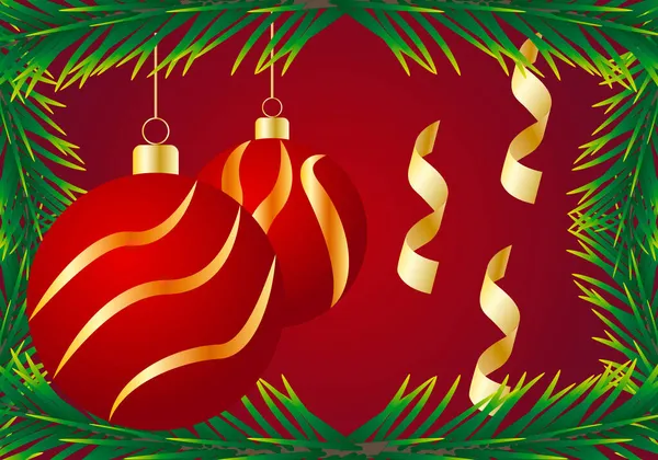 Fond Noël Avec Boules Noël Noeuds Dorés Sur Fond Rouge — Image vectorielle
