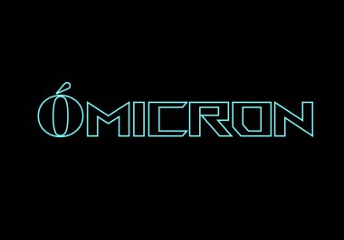 Mikron, siyah arkaplanda neon mavisi bir yazı. Siyah arkaplanda neon mavisi ile gösterilen omikron varyantının başlığı. Yunanca harf adı omicron