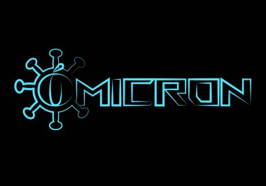 Mikron, Covid-19 'un Covid-19 versiyonu, siyah arkaplan üzerinde Covid-19 parçacığı olan neon mavisi felçli bir versiyonu. Omicron Tutucu