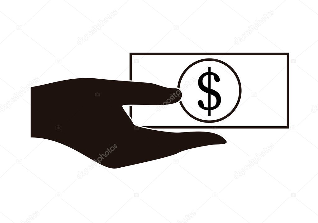 Hand giving banknotes for corruption on white background.