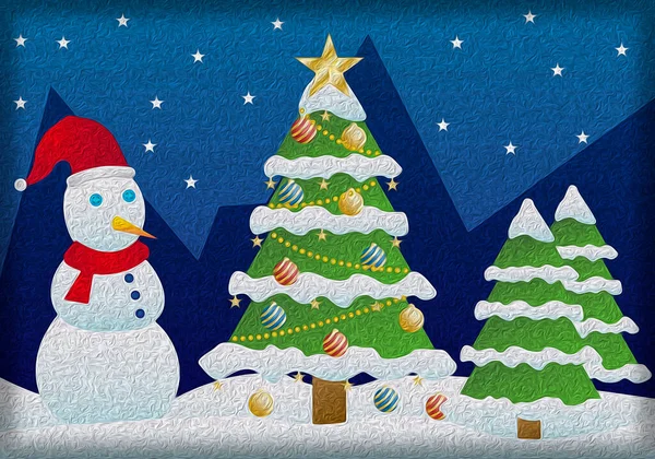 Christmas Landscape Christmas Trees Snowman — Stock Photo, Image