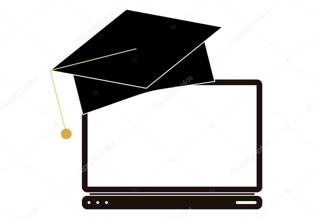 Black icon of graduation cap on computer.