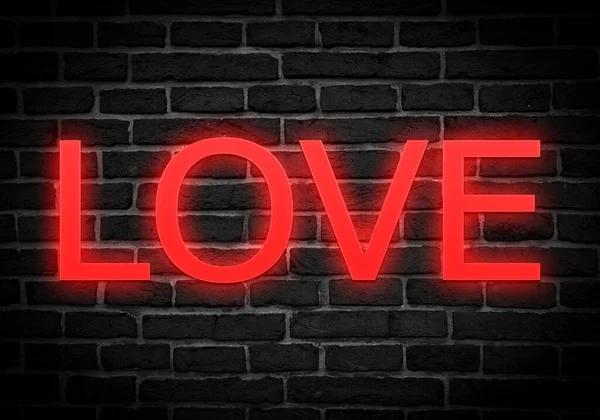 Love Red Neon Title Brick Background — Stock Photo, Image