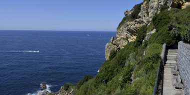 Kayalıklarla kaplı bir kıyı manzarası panoramik.