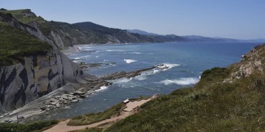 Kayalıklarla kaplı bir kıyı manzarası panoramik.