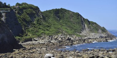 Kayalıklarla kaplı bir kıyı manzarası panoramik.