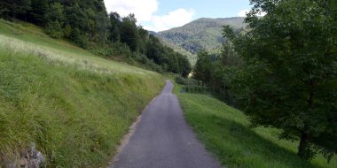 Baharda dağların ve çayırların manzarası.