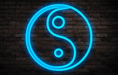 Mavi neon tuğlalı Yin Yang sembolü.