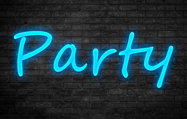 Party Blauwe Neon Tekst Bakstenen Muur — Stockfoto