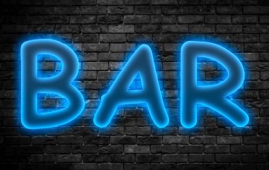 Siyah tuğlada mavi neonlu çubuk metin.